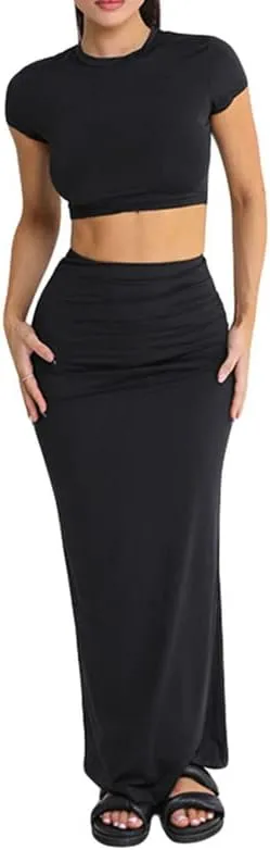 2 Piece Maxi Skirt Set for Women Slim Fit Sleeveless Tank Tops High Split Long Skirts Outfits
