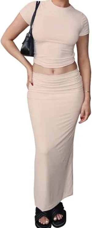 2 Piece Maxi Skirt Set for Women Slim Fit Sleeveless Tank Tops High Split Long Skirts Outfits