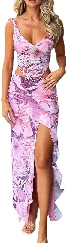 2 Piece Maxi Skirt Set for Women Slim Fit Sleeveless Tank Tops High Split Long Skirts Outfits