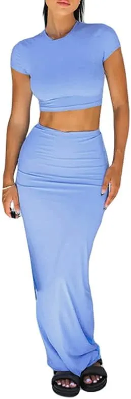 2 Piece Maxi Skirt Set for Women Slim Fit Sleeveless Tank Tops High Split Long Skirts Outfits