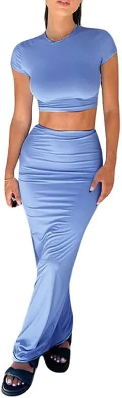 2 Piece Maxi Skirt Set for Women Slim Fit Sleeveless Tank Tops High Split Long Skirts Outfits
