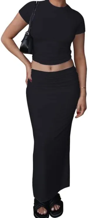 2 Piece Maxi Skirt Set for Women Slim Fit Sleeveless Tank Tops High Split Long Skirts Outfits