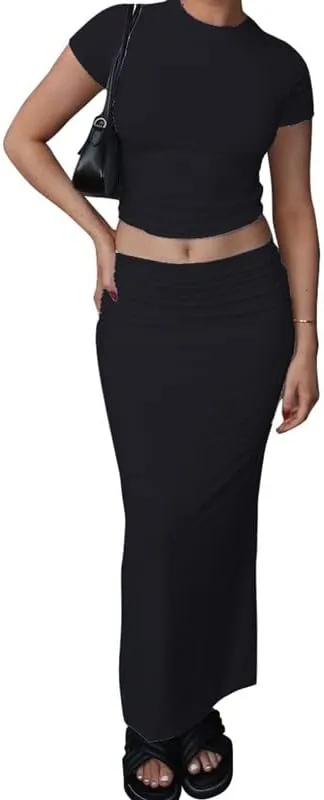 2 Piece Maxi Skirt Set for Women Slim Fit Sleeveless Tank Tops High Split Long Skirts Outfits