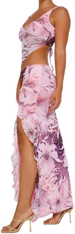 2 Piece Maxi Skirt Set for Women Slim Fit Sleeveless Tank Tops High Split Long Skirts Outfits