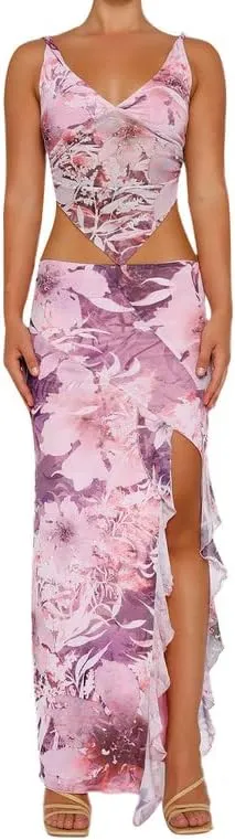 2 Piece Maxi Skirt Set for Women Slim Fit Sleeveless Tank Tops High Split Long Skirts Outfits