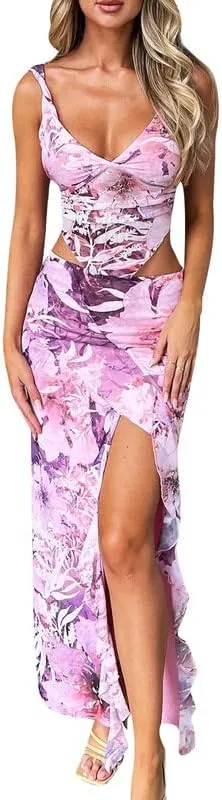 2 Piece Maxi Skirt Set for Women Slim Fit Sleeveless Tank Tops High Split Long Skirts Outfits