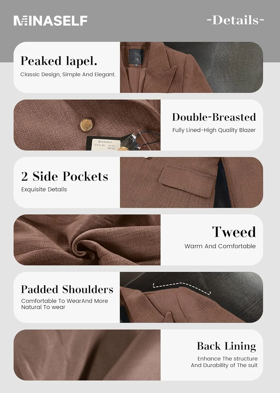 2025 Women's Spring Tweed Blazer Jacket Plaid Fully-Lined Fashion Business Casual Lapel Elegant Coat with Pockets