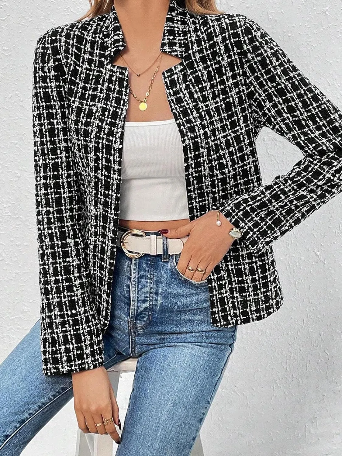 2025 Women's Tweed Blazer Lightweight Plaid Open-Front Stand-Collar Fully-Lined Casual Fashion Elegant Jacket