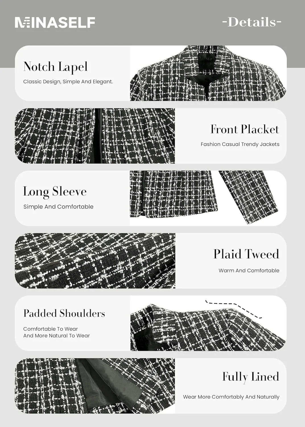 2025 Women's Tweed Blazer Lightweight Plaid Open-Front Stand-Collar Fully-Lined Casual Fashion Elegant Jacket