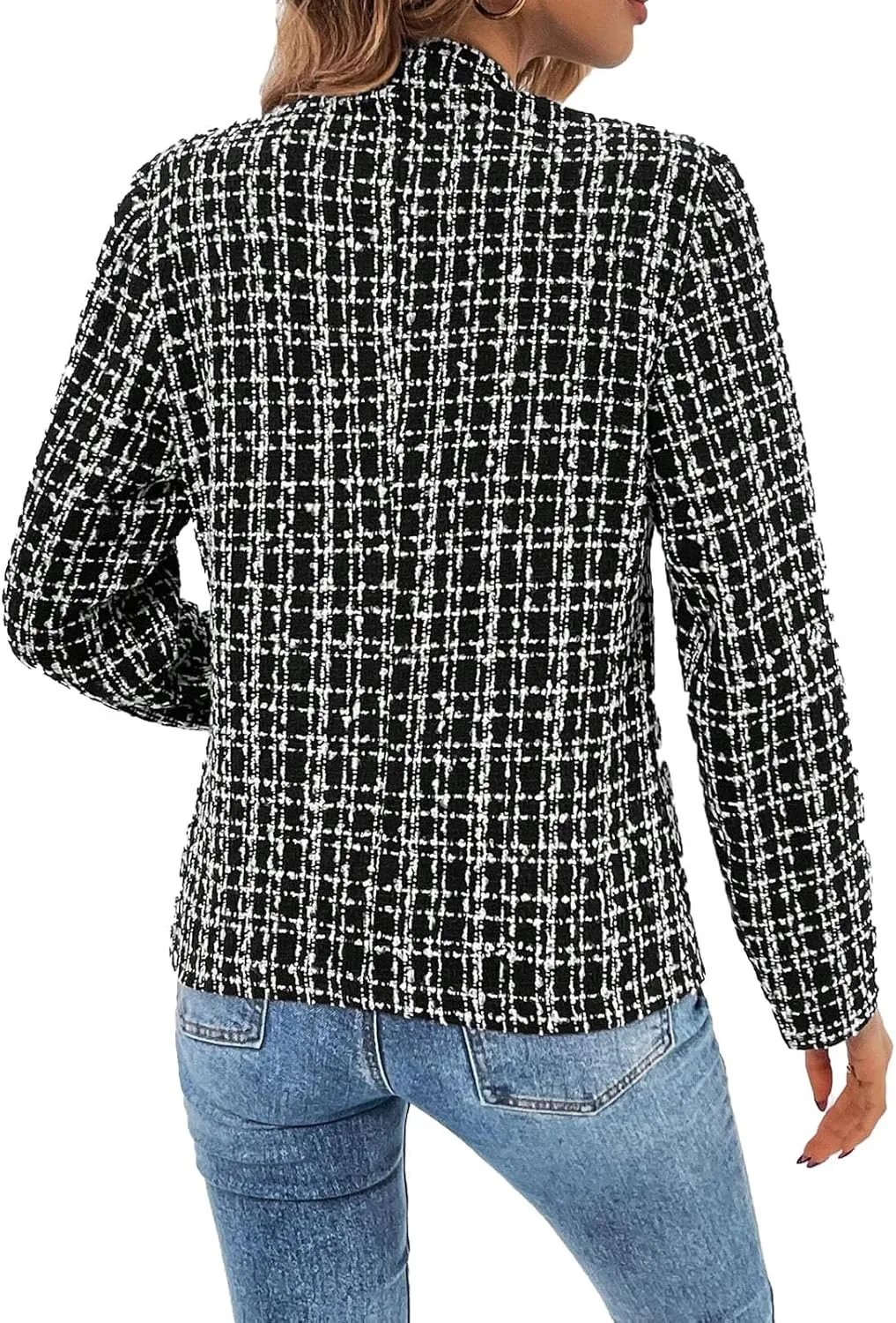 2025 Women's Tweed Blazer Lightweight Plaid Open-Front Stand-Collar Fully-Lined Casual Fashion Elegant Jacket