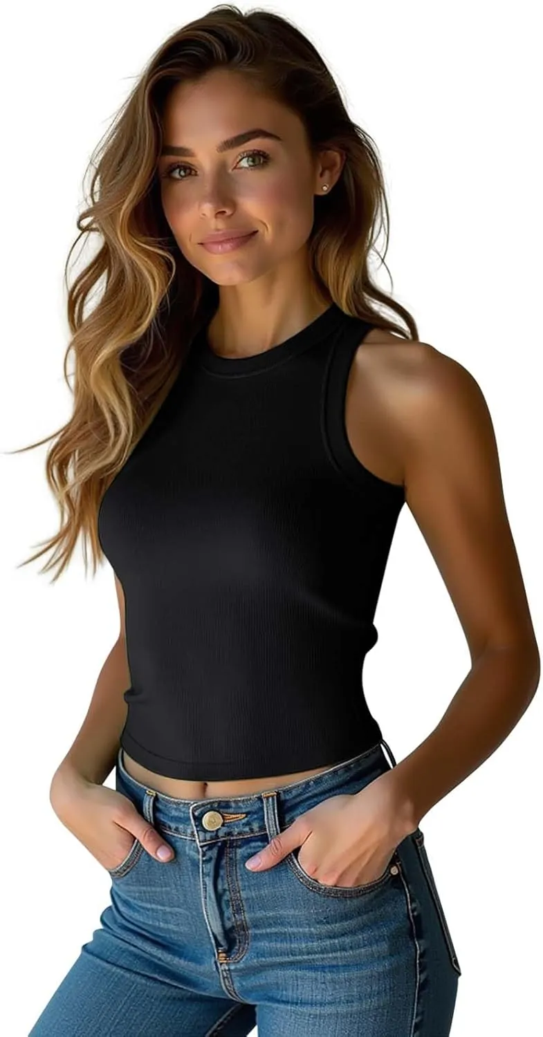 3 Pack Women Sleeveless High Neck Tank Tops Casual Basic Cotton Crop Tops Slim Fit Shirts for Women