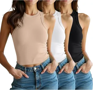 3 Pack Women Sleeveless High Neck Tank Tops Casual Basic Cotton Crop Tops Slim Fit Shirts for Women