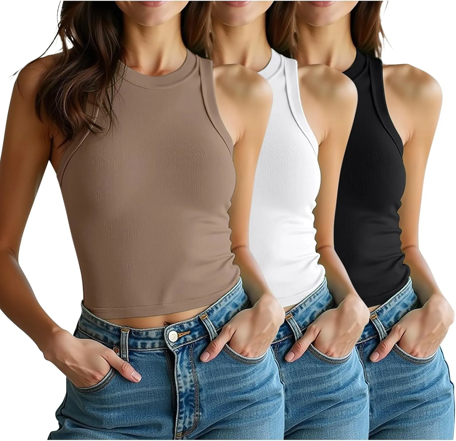 3 Pack Women Sleeveless High Neck Tank Tops Casual Basic Cotton Crop Tops Slim Fit Shirts for Women