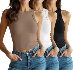 3 Pack Women Sleeveless High Neck Tank Tops Casual Basic Cotton Crop Tops Slim Fit Shirts for Women
