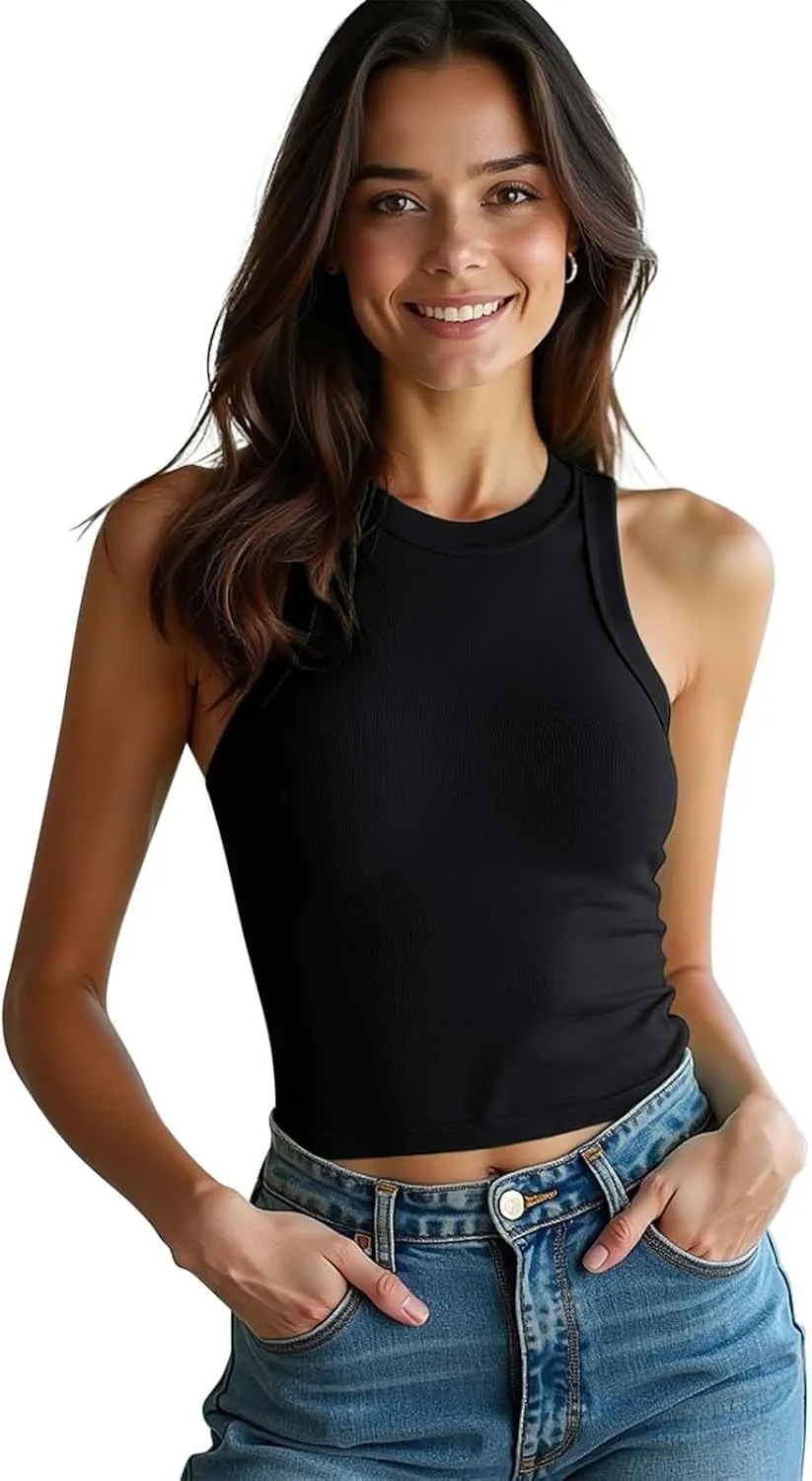 3 Pack Women Sleeveless High Neck Tank Tops Casual Basic Cotton Crop Tops Slim Fit Shirts for Women