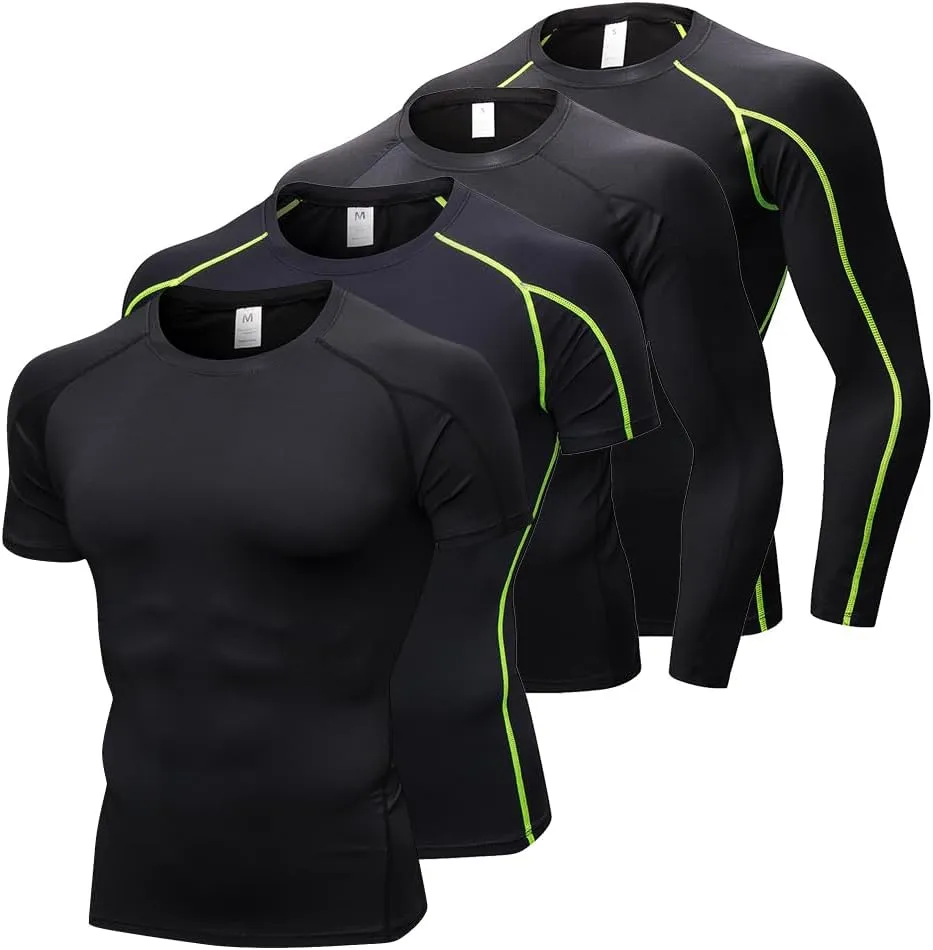 4 Pack Men's Compression Shirts Men Long/Short Sleeve Athletic Workout Tops Gym Undershirts Active Sports Baselayers