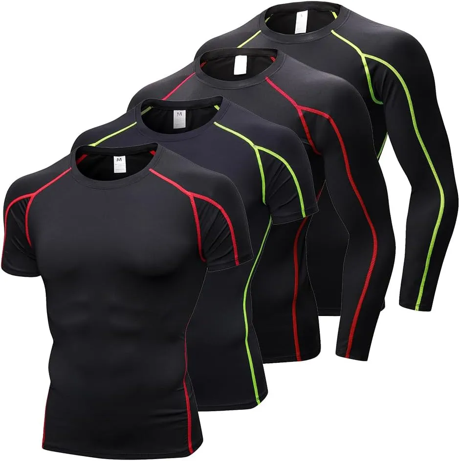 4 Pack Men's Compression Shirts Men Long/Short Sleeve Athletic Workout Tops Gym Undershirts Active Sports Baselayers