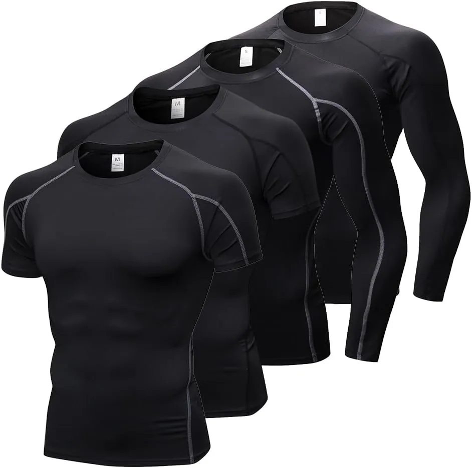 4 Pack Men's Compression Shirts Men Long/Short Sleeve Athletic Workout Tops Gym Undershirts Active Sports Baselayers