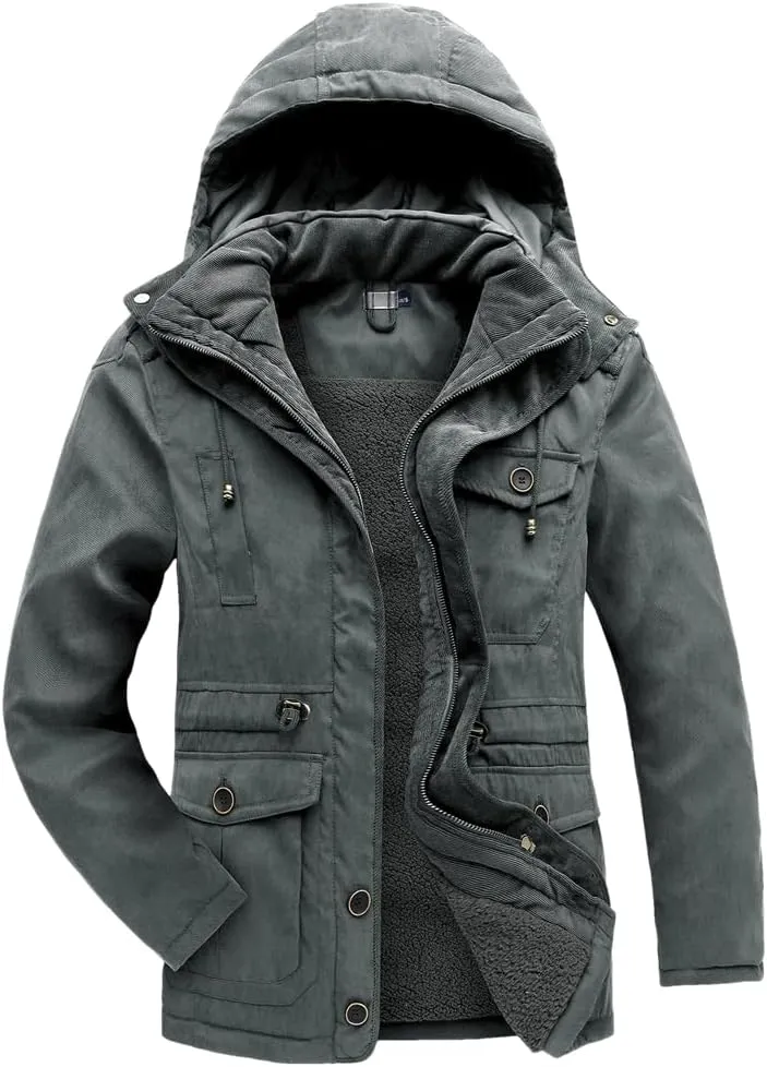 Adhdyuud Men's Cashmere Fleece Coats Winter Outdoor Military Cotton-Padded Hooded Thicken Warm Parkas Jacket