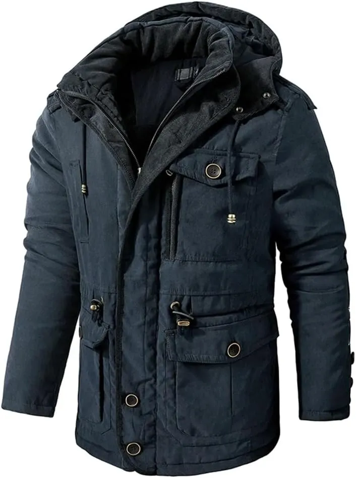 Adhdyuud Men's Thicken Hooded Parkas Cashmere Fleece Coats Winter Outdoor Military Warm Cotton-Padded Jacket