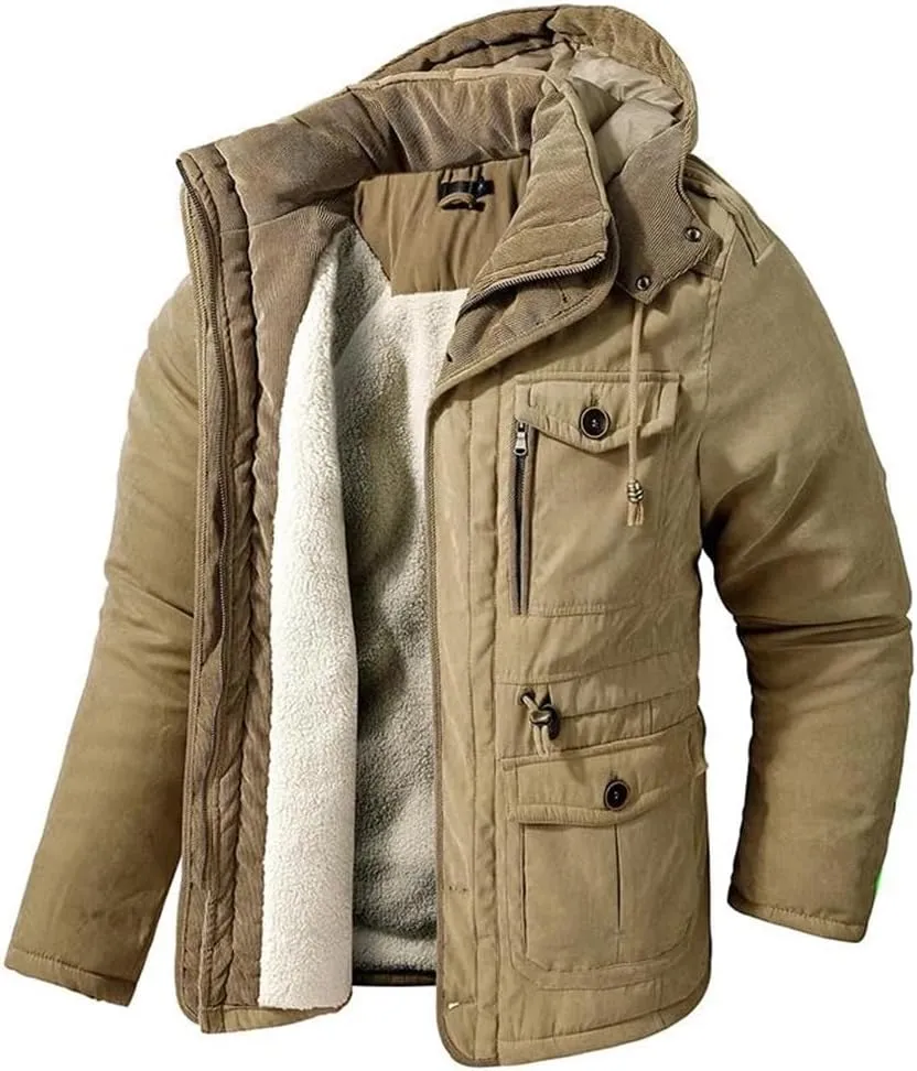 Adhdyuud Men's Thicken Hooded Parkas Cashmere Fleece Coats Winter Outdoor Military Warm Cotton-Padded Jacket