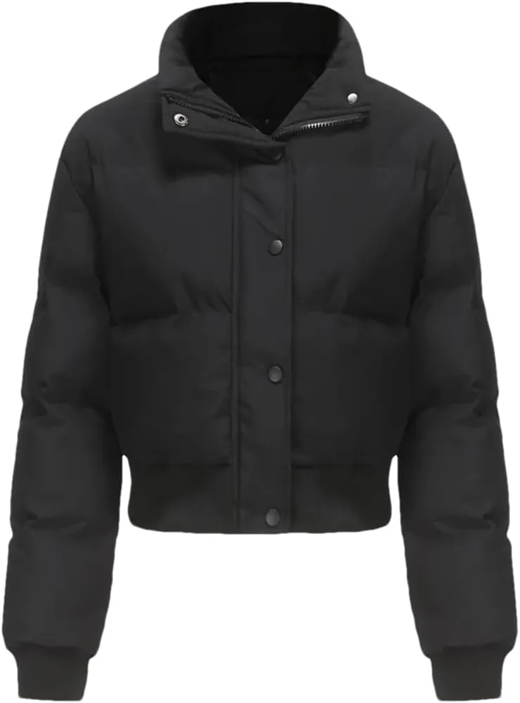 Adhdyuud Turtleneck Zipper Warm Cotton Padded Coats Womens Short Long Sleeve Short Cotton Jacket