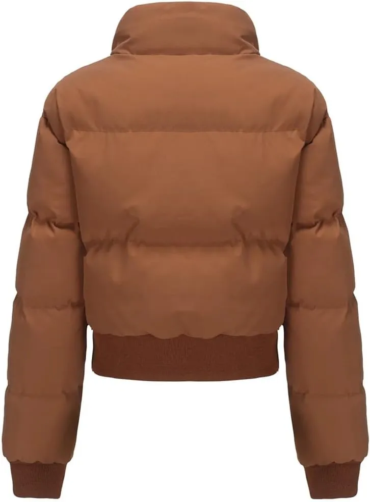 Adhdyuud Turtleneck Zipper Warm Cotton Padded Coats Womens Short Long Sleeve Short Cotton Jacket