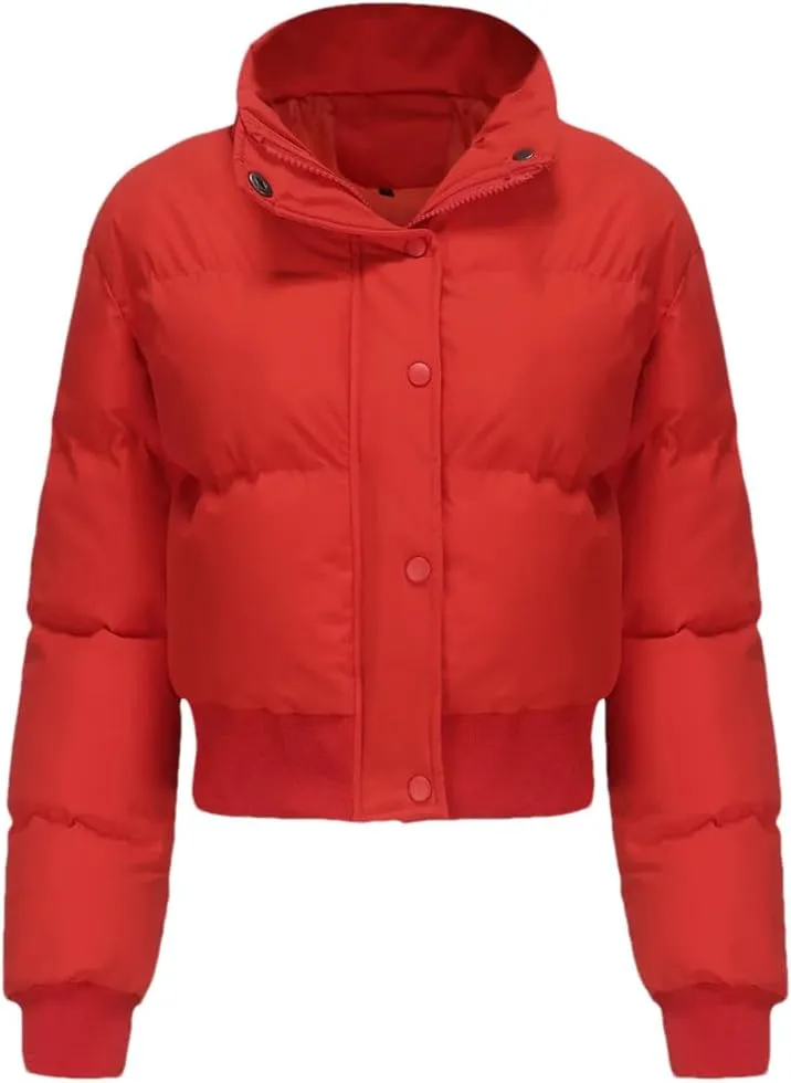 Adhdyuud Turtleneck Zipper Warm Cotton Padded Coats Womens Short Long Sleeve Short Cotton Jacket