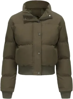 Adhdyuud Turtleneck Zipper Warm Cotton Padded Coats Womens Short Long Sleeve Short Cotton Jacket