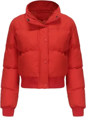 Adhdyuud Turtleneck Zipper Warm Cotton Padded Coats Womens Short Long Sleeve Short Cotton Jacket