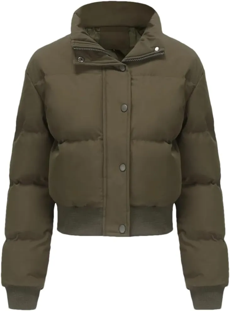 Adhdyuud Turtleneck Zipper Warm Cotton Padded Coats Womens Short Long Sleeve Short Cotton Jacket