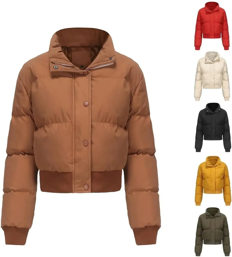 Adhdyuud Turtleneck Zipper Warm Cotton Padded Coats Womens Short Long Sleeve Short Cotton Jacket