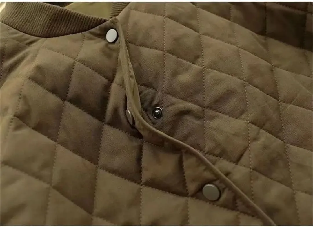 Adhdyuud Women Crewneck Thin Quilted Coats Rhombus Lightweight Short Jacket Solid Cotton Padded Coat