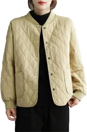 Adhdyuud Women Crewneck Thin Quilted Coats Rhombus Lightweight Short Jacket Solid Cotton Padded Coat