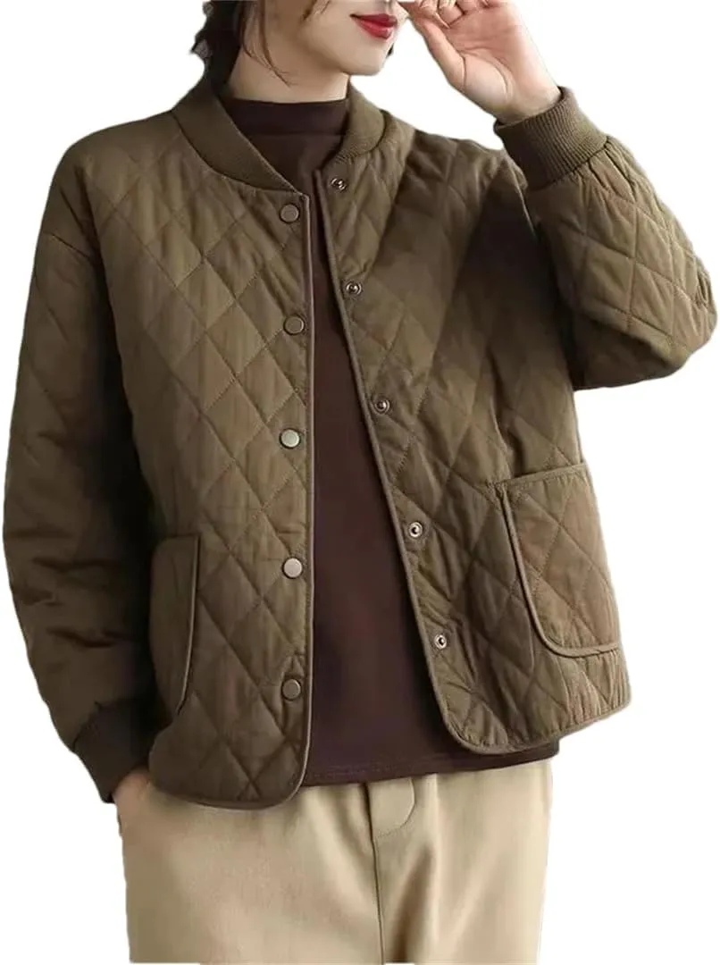 Adhdyuud Women Crewneck Thin Quilted Coats Rhombus Lightweight Short Jacket Solid Cotton Padded Coat