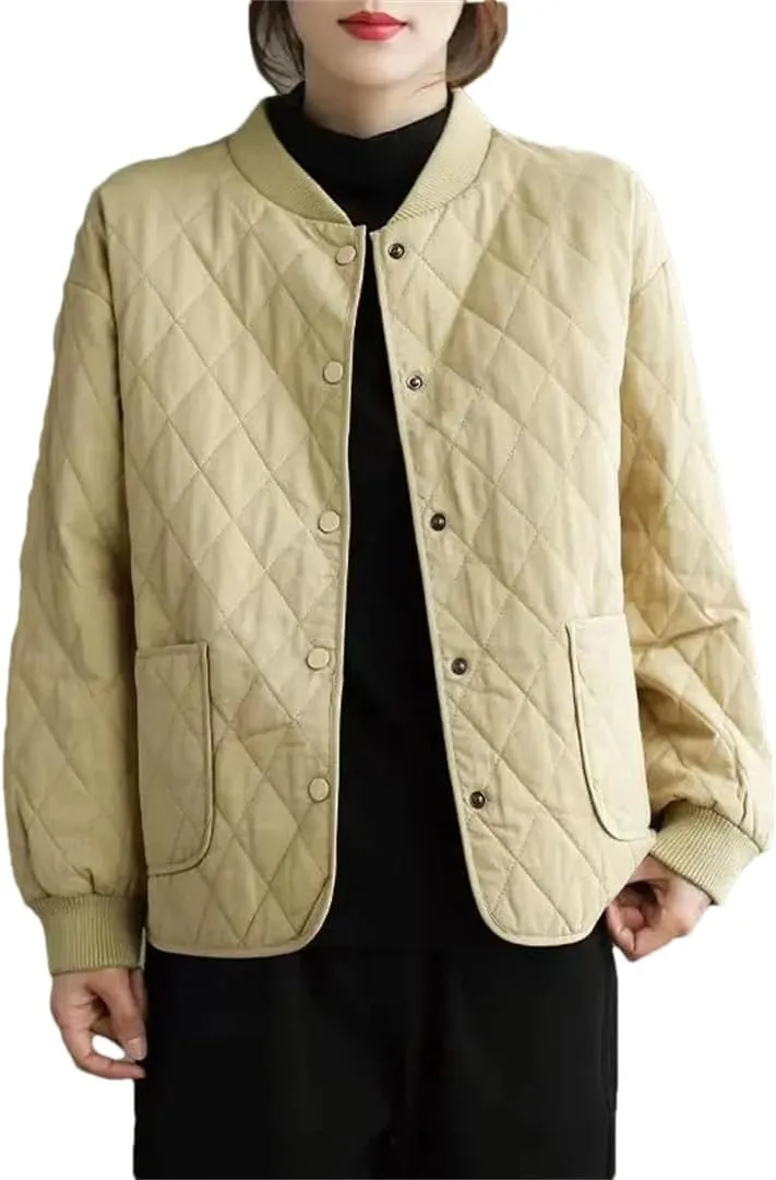 Adhdyuud Women Crewneck Thin Quilted Coats Rhombus Lightweight Short Jacket Solid Cotton Padded Coat