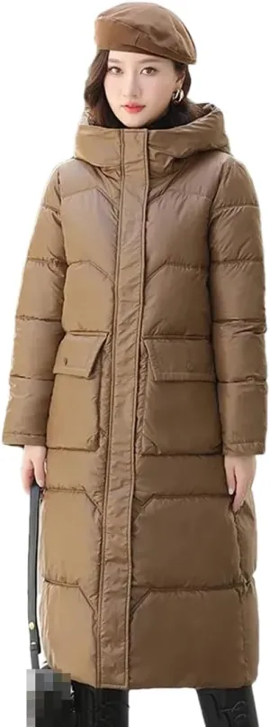 Adhdyuud Women Solid Hooded Long Cotton-Padded Coats Zipper Vintage Thick Winter Warm Overcoat