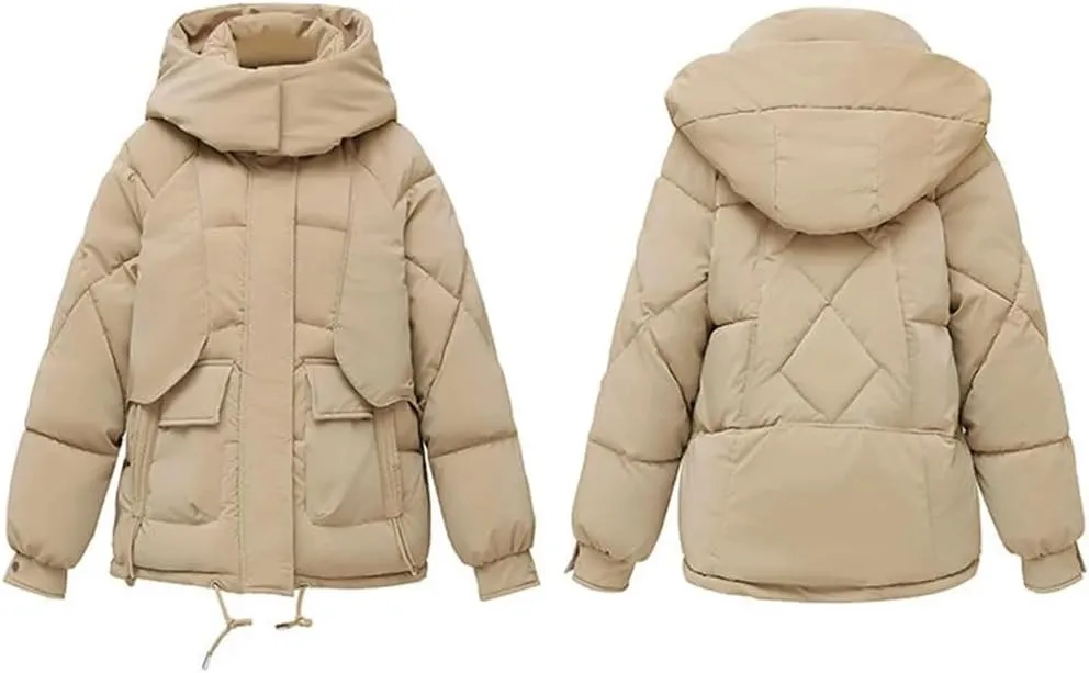 Adhdyuud Women Solid With Pocket Cotton Padded Coats Warm Casual Hooded Zippers Office Outwear