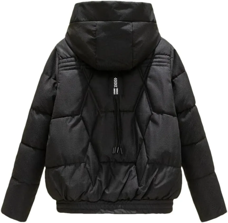 Adhdyuud Womens Casual Solid Zipper Cotton Padded Coats With Pocket Hooded Wear Student Outwear