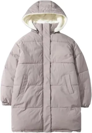 Adhdyuud Women's Solid Cotton Padded Long Coats With Pocket Thicken Warm Hooded Winter Jacket