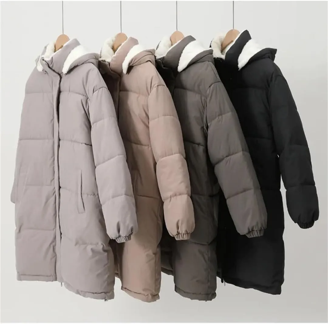 Adhdyuud Women's Solid Cotton Padded Long Coats With Pocket Thicken Warm Hooded Winter Jacket