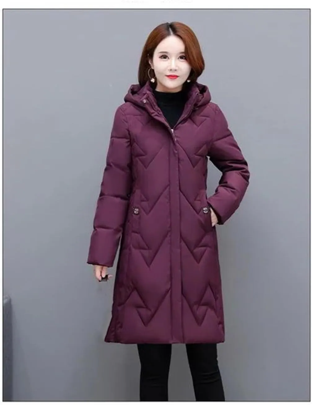 Adhdyuud Womens Solid Hooded Cotton Padded Long Coats With Pocket Thicken Warm Winter Overcoa