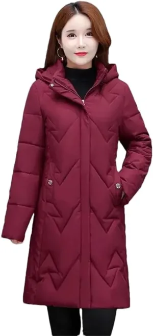 Adhdyuud Womens Solid Hooded Cotton Padded Long Coats With Pocket Thicken Warm Winter Overcoa