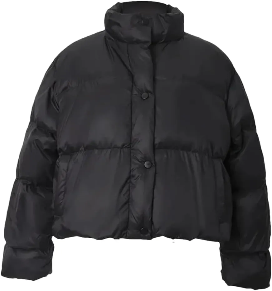 Adhdyuud Womens Solid Short Cotton Padded Coats With Pocket Standing Collar Casual Warm Jacket