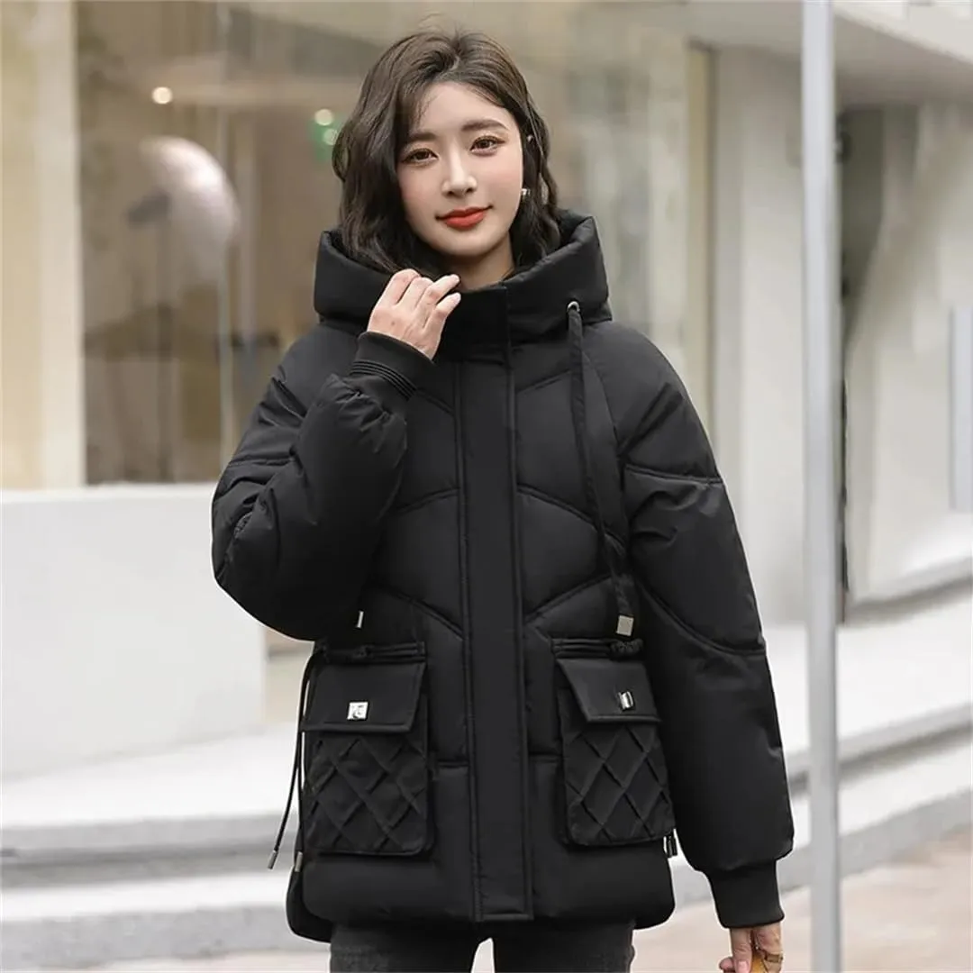 Adhdyuud Womens Solid With Pocket Cotton Padded Coats Thicken Hooded Zippers Warm Outwear