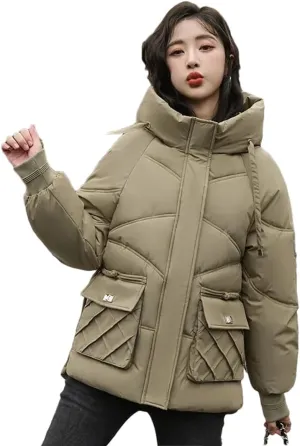 Adhdyuud Womens Solid With Pocket Cotton Padded Coats Thicken Hooded Zippers Warm Outwear
