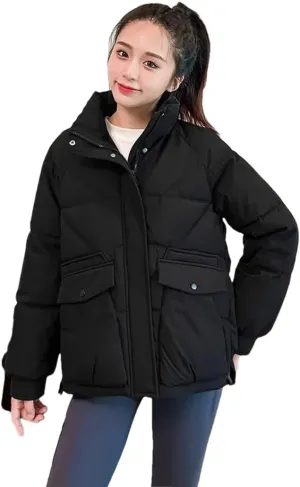 Adhdyuud Womens With Pocket Cotton Padded Coats Stand Collar Vintage Warm Zipper Outwear Winter