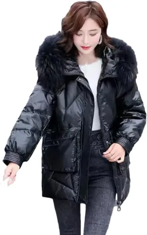 Adhdyuud Womens With Pocket Glossy Cotton Padded Coats Thicken Warm Hooded Zippers Casual Outwear