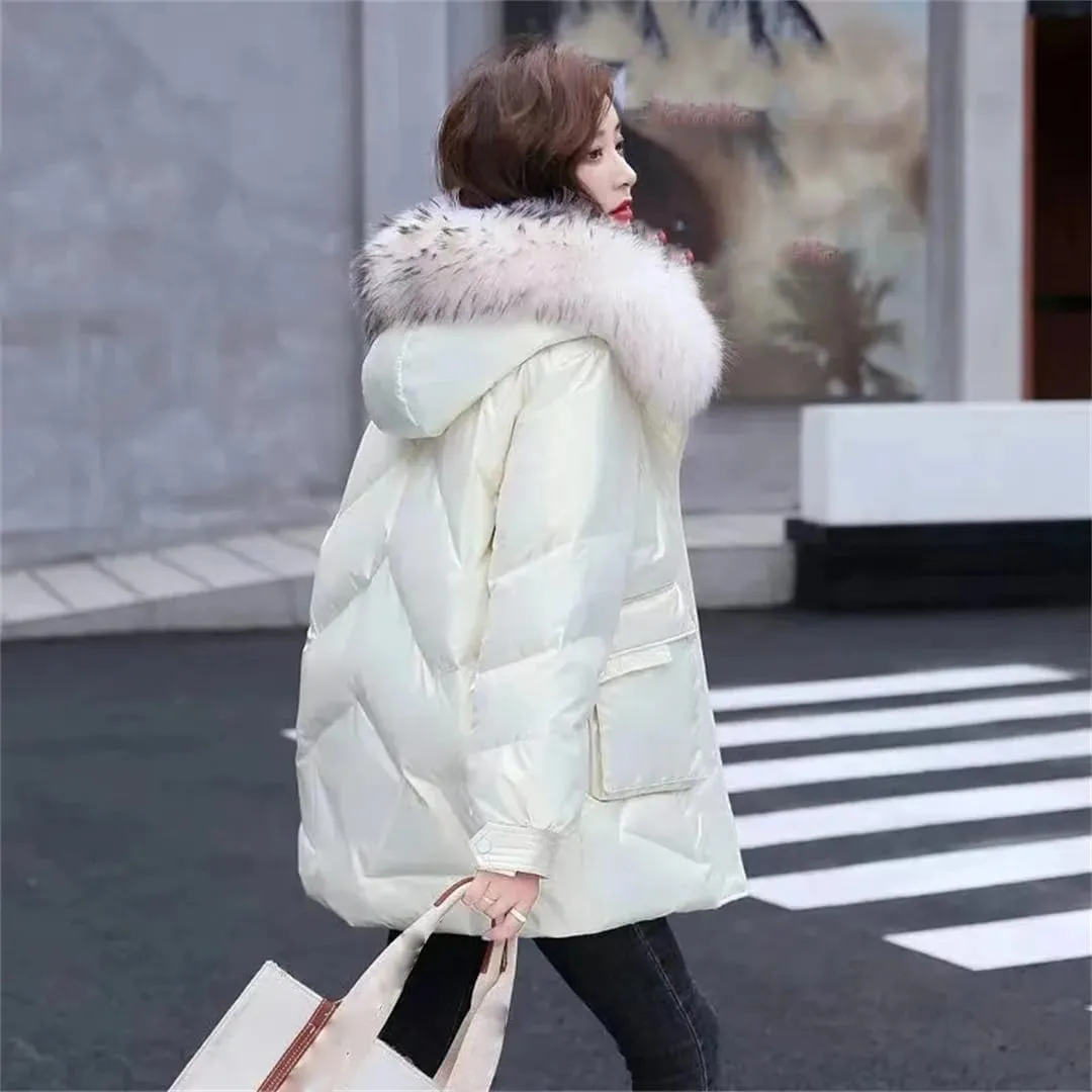 Adhdyuud Womens With Pocket Glossy Cotton Padded Coats Thicken Warm Hooded Zippers Casual Outwear