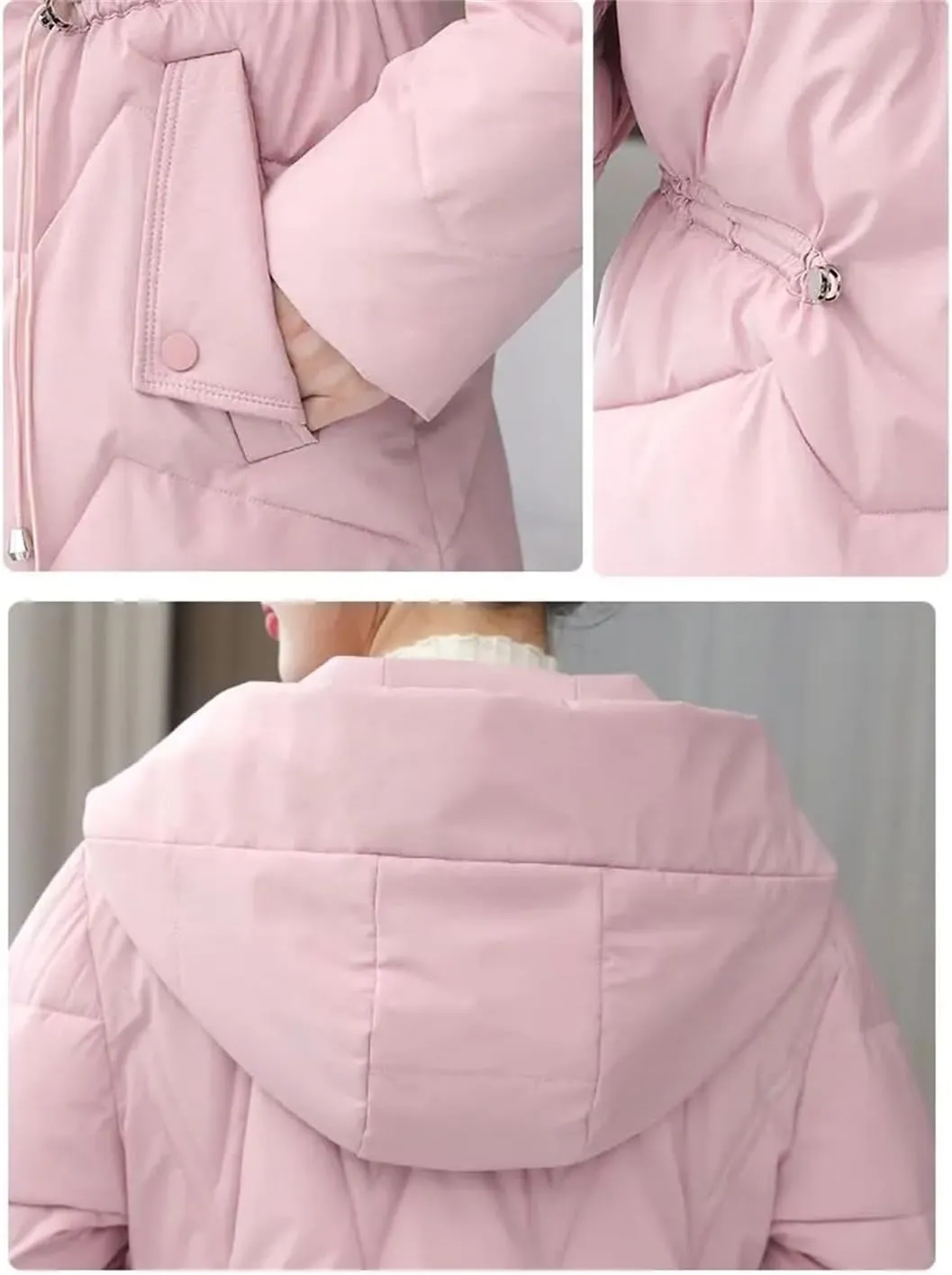 Adhdyuud Womens With Pocket Hooded Cotton Padded Coats Office Zipper Thicken Warm Outerwear